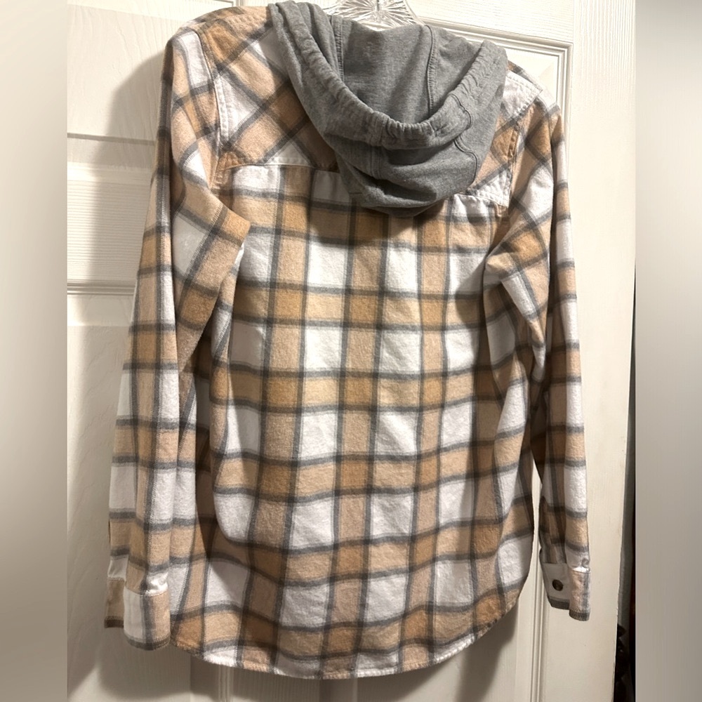 Cabela’s Natural Reflections tan/gray/white hooded flannel shirt. Size Medium. - Picture 4 of 7